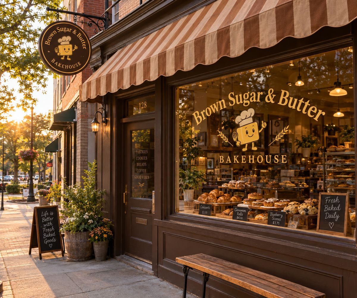 Brown Sugar and Butter Bakehouse storefront with caramel striped awning
